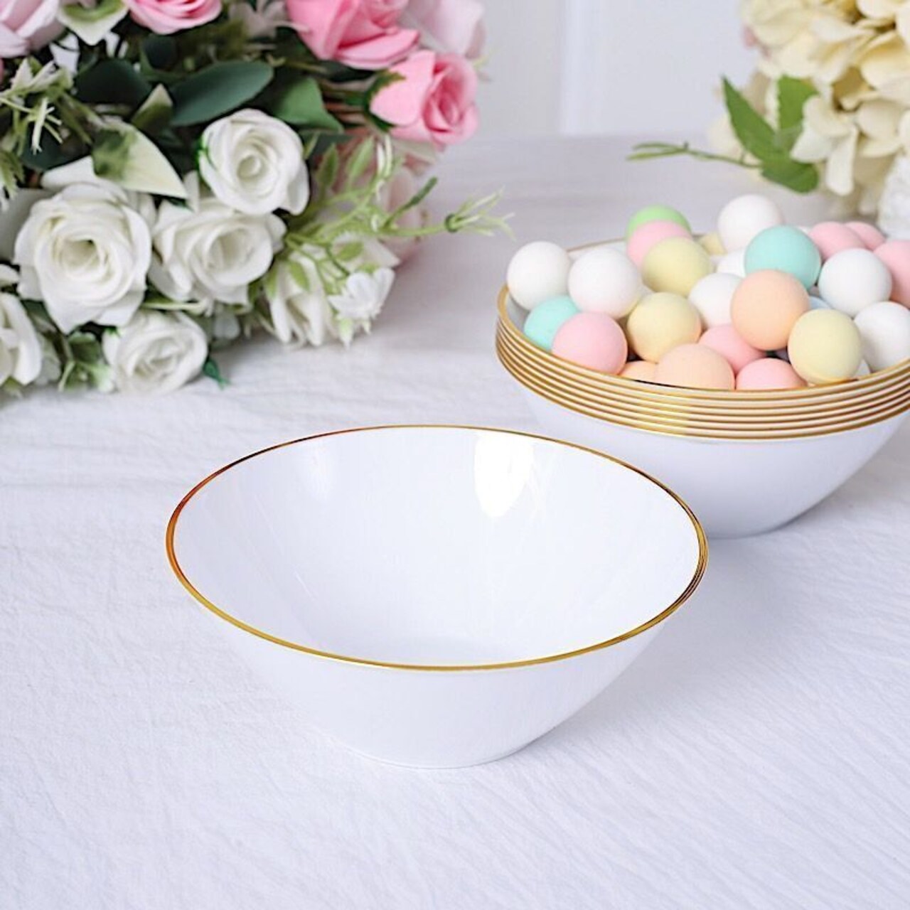 24 White Disposable Plastic Dessert Ice Cream BOWLS Gold Trim